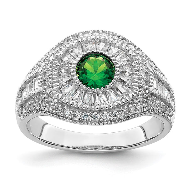 Sterling Silver Rhodium-plated Polished Green & White CZ Ring