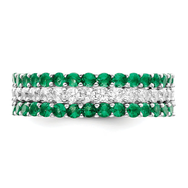 Sterling Silver Rhodium-plated Polished Green & White CZ 3 Ring Set