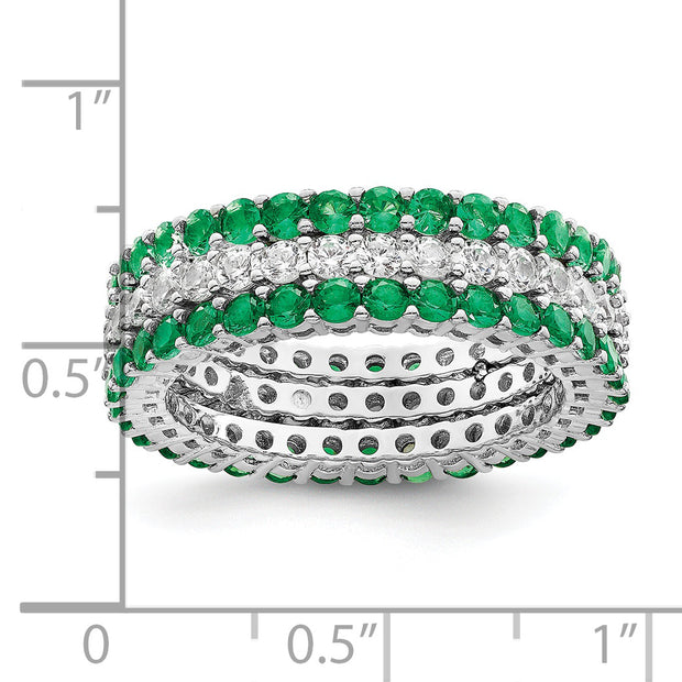 Sterling Silver Rhodium-plated Polished Green & White CZ 3 Ring Set