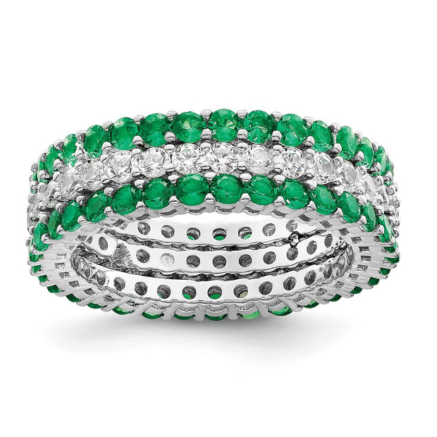 Sterling Silver Rhodium-plated Polished Green & White CZ 3 Ring Set