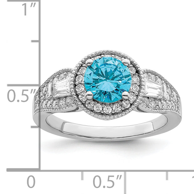 Sterling Silver Rhodium plated White & Aqua CZ Ring