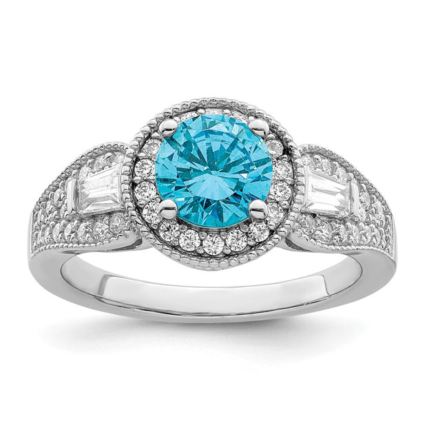 Sterling Silver Rhodium plated White & Aqua CZ Ring