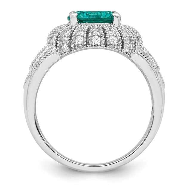 Sterling Silver Rhodium-plated Clear and Teal CZ Vintage Style Ring