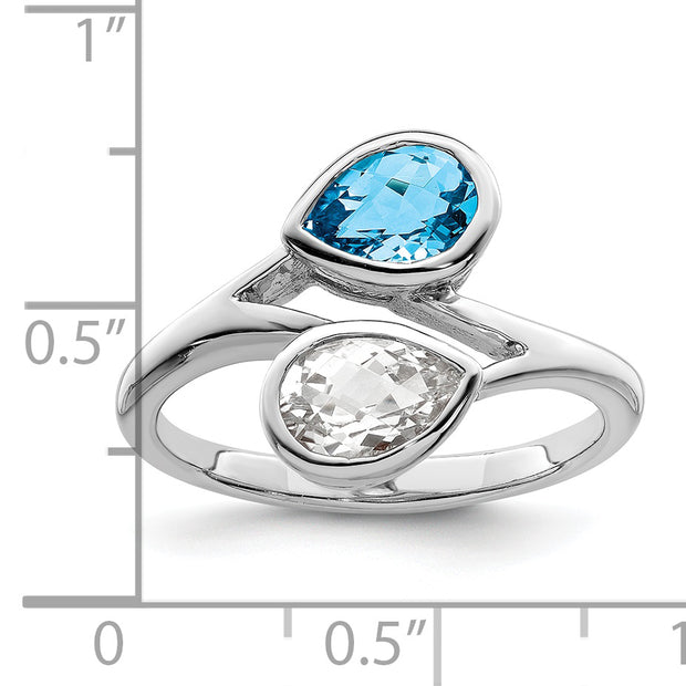Sterling Silver Rhodium-plated Polished Blue & White Topaz ByPass Ring