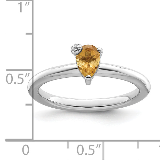 Sterling Silver Rhodium-plated Polished Pear Citrine & White Topaz Ring
