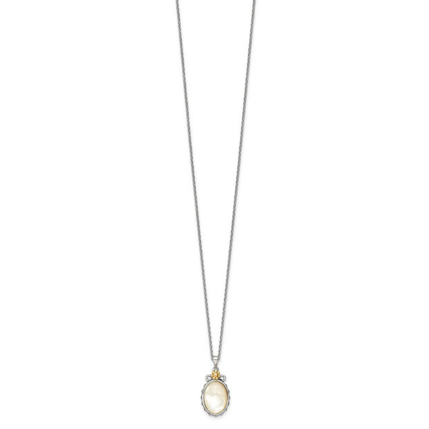 Sterling Silver Antiqued w/14k Accent Floral Oval Mother Of Pearl Necklace