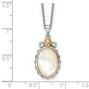 Sterling Silver Antiqued w/14k Accent Floral Oval Mother Of Pearl Necklace