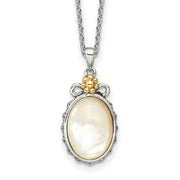 Sterling Silver Antiqued w/14k Accent Floral Oval Mother Of Pearl Necklace