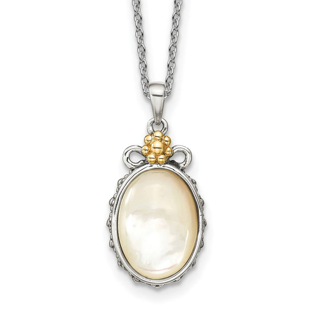 Sterling Silver Antiqued w/14k Accent Floral Oval Mother Of Pearl Necklace
