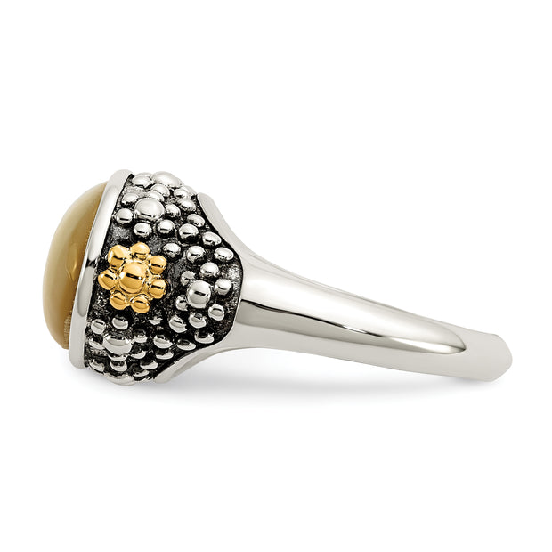Sterling Silver Antiqued w/14k Accent Floral Oval Mother Of Pearl Ring