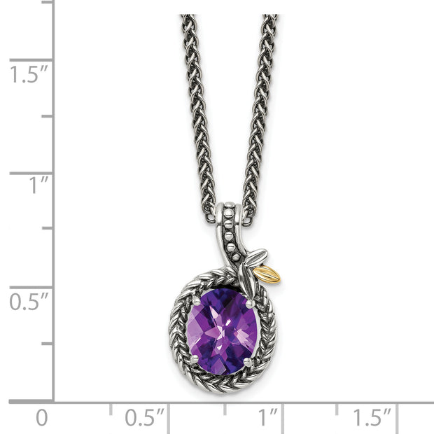 Sterling Silver Antiqued w/14k Braided Oval 2.09AM Amethyst Necklace