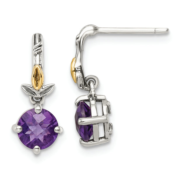 Sterling Silver Antiqued w/14k Leaf 1.20AM Amethyst Dangle Post Earrings