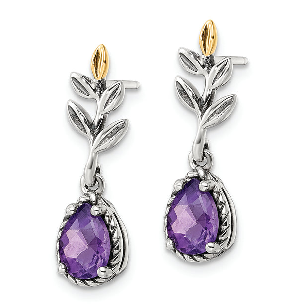 Sterling Silver Antiqued w/14k Leaf 1.33AM Amethyst Dangle Post Earrings