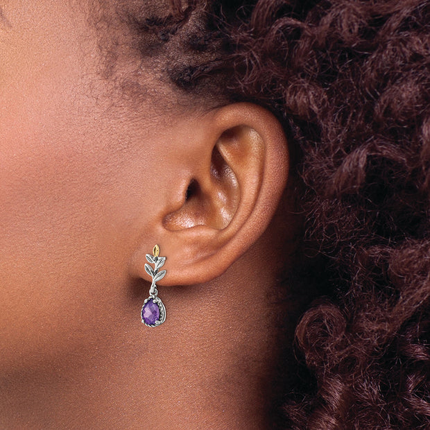 Sterling Silver Antiqued w/14k Leaf 1.33AM Amethyst Dangle Post Earrings