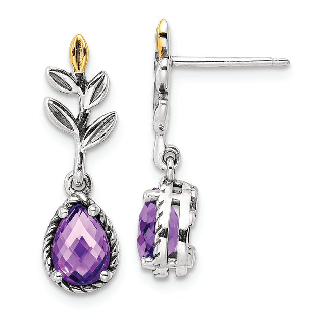 Sterling Silver Antiqued w/14k Leaf 1.33AM Amethyst Dangle Post Earrings