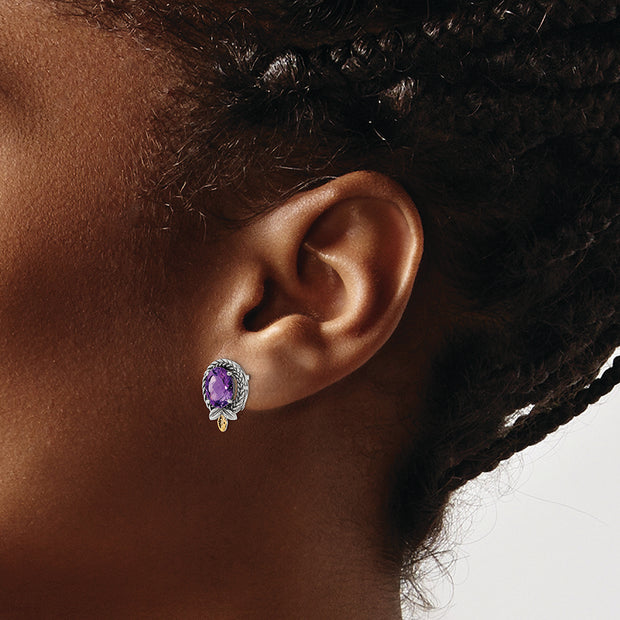 Sterling Silver Antiqued w/14k Braided Oval 2.09 Amethyst Post Earrings