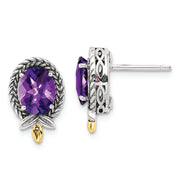 Sterling Silver Antiqued w/14k Braided Oval 2.09 Amethyst Post Earrings