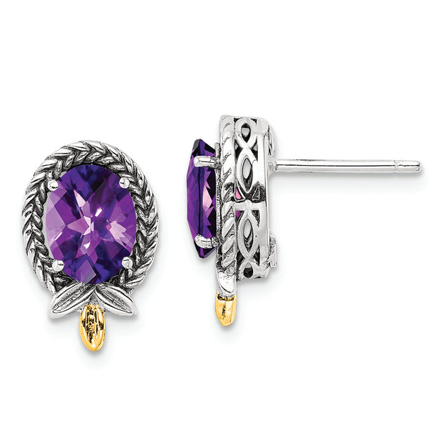 Sterling Silver Antiqued w/14k Braided Oval 2.09 Amethyst Post Earrings