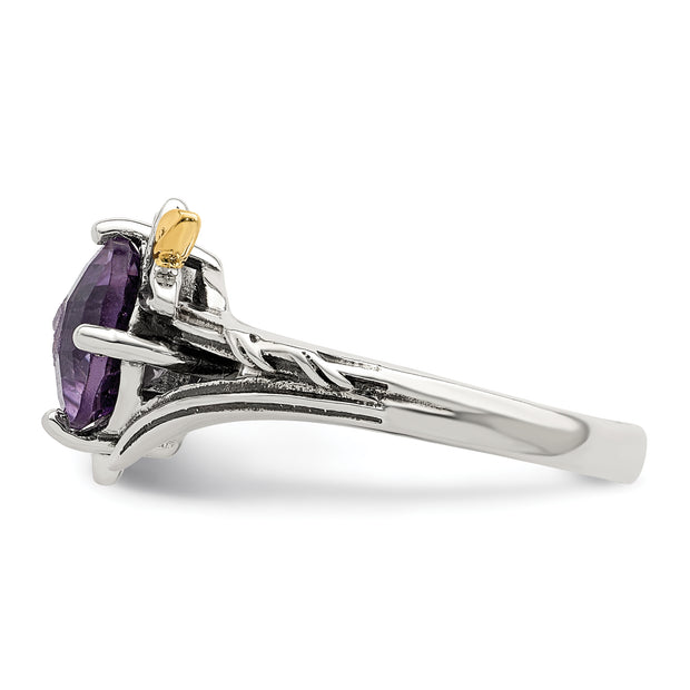 Sterling Silver w/14K Leaves Round 1.65AM Amethyst Ring