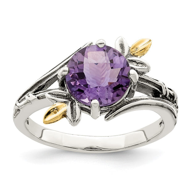 Sterling Silver w/14K Leaves Round 1.65AM Amethyst Ring