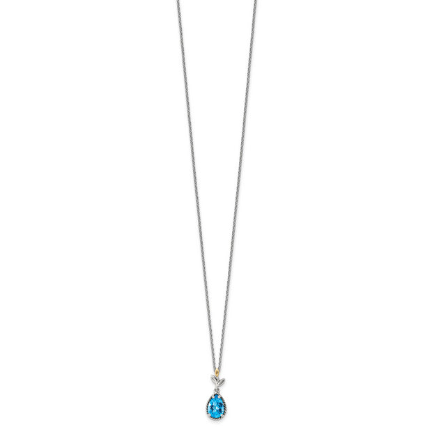 Sterling Silver Antiqued w/14K Leaf Pear 1.9 Blue Topaz w/2in ext Necklace