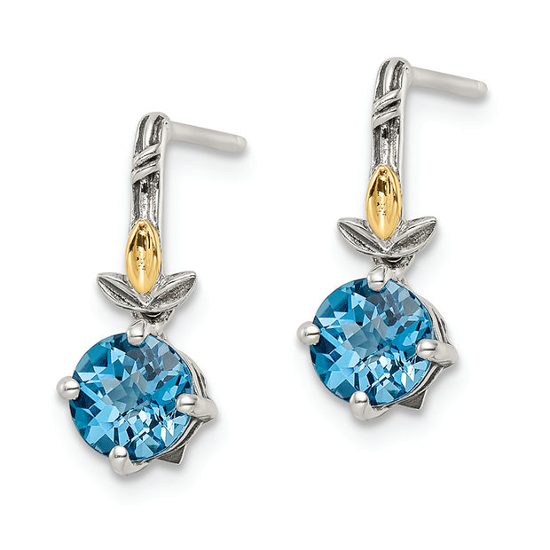 Sterling Silver Antiqued w/14k Leaf 1.75BT Lt Swiss Bl. Topaz Post Earrings