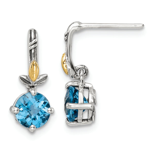 Sterling Silver Antiqued w/14k Leaf 1.75BT Lt Swiss Bl. Topaz Post Earrings