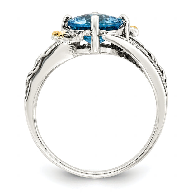 Sterling Silver w/14K Leaves Round 1.92BT LS Blue Topaz Ring