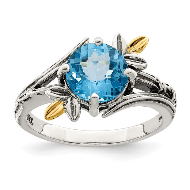 Sterling Silver w/14K Leaves Round 1.92BT LS Blue Topaz Ring