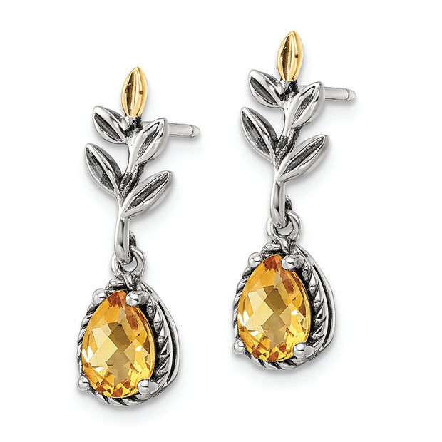 Sterling Silver w/14k Antiqued Leaf 1.26CI Citrine Dangle Post Earrings