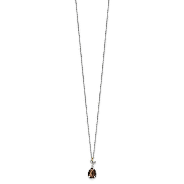 Sterling Silver Antiqued w/14k Leaf Smoky Quartz w/ 2in ext Necklace