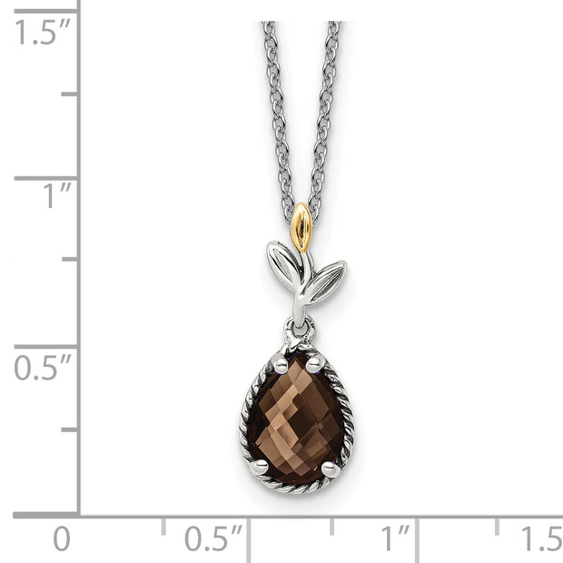 Sterling Silver Antiqued w/14k Leaf Smoky Quartz w/ 2in ext Necklace
