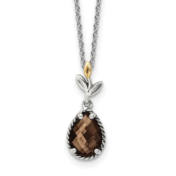 Sterling Silver Antiqued w/14k Leaf Smoky Quartz w/ 2in ext Necklace