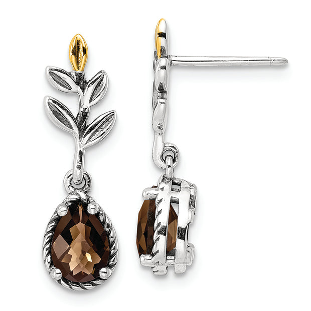 Sterling Silver Antiqued w/14k Leaf 1.05SQ Dangle Post Earrings