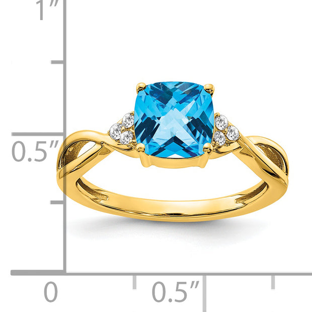 14k Checkerboard Blue Topaz and Diamond Ring