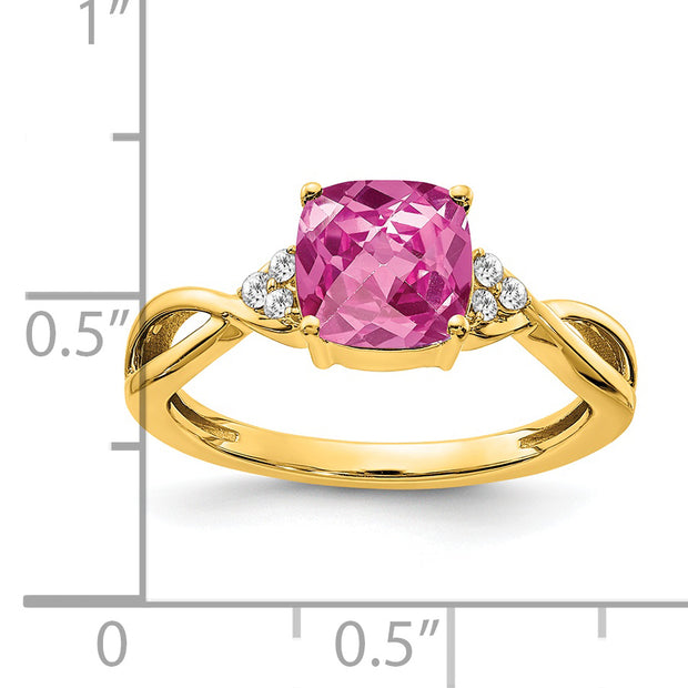 14k Checkerboard Created Pink Sapphire and Diamond Ring