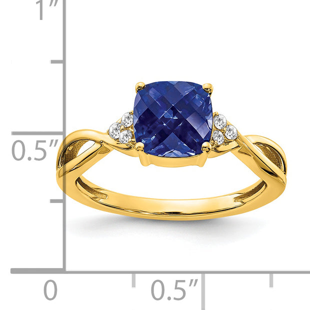 14k Checkerboard Created Sapphire and Diamond Ring