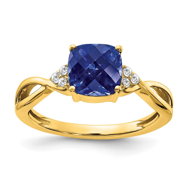 14k Checkerboard Created Sapphire and Diamond Ring
