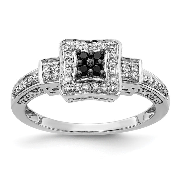 14k White Gold White and Black Diamond Square Ring