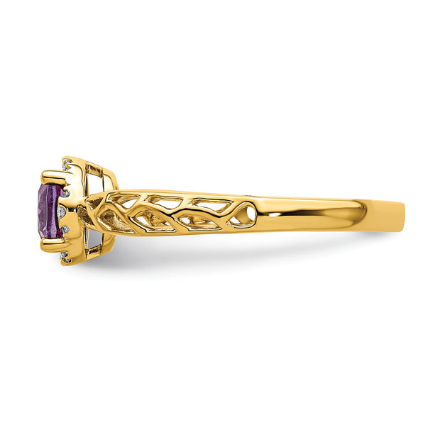 14k Gold Polished Amethyst and Diamond Ring