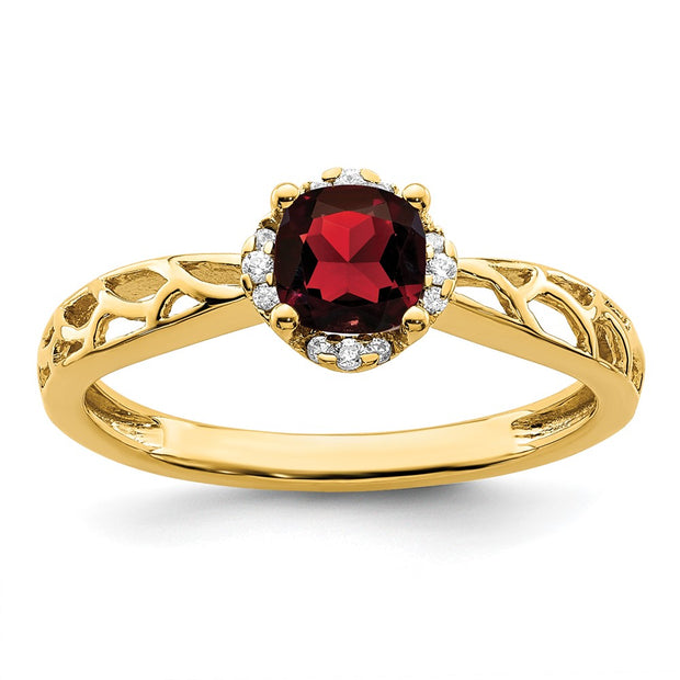14k Gold Polished Garnet and Diamond Ring