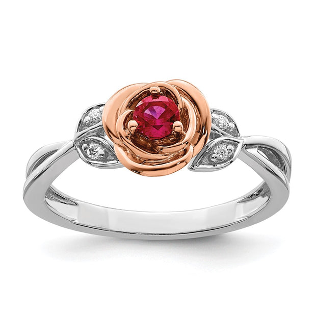 14K Two-tone White & Rose Ruby and Diamond Flower Ring