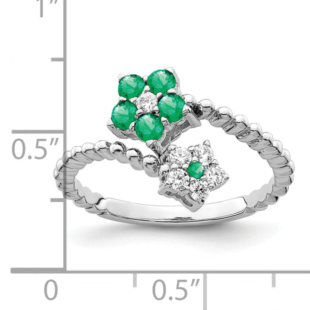 14k White Gold Polished Emerald and Diamond Floral Ring