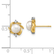 14K Madi K 5-6mm Button White FWC Pearl .04ct. Diamond Earrings