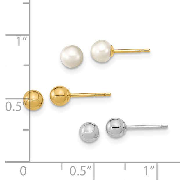14K Two-tone Madi K 4-5mm Round White FWC Pearl Set of 3 Earrings
