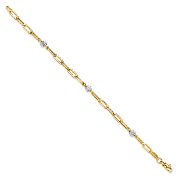 14K Two-tone Polished D/C Beads & Fancy Link Bracelet