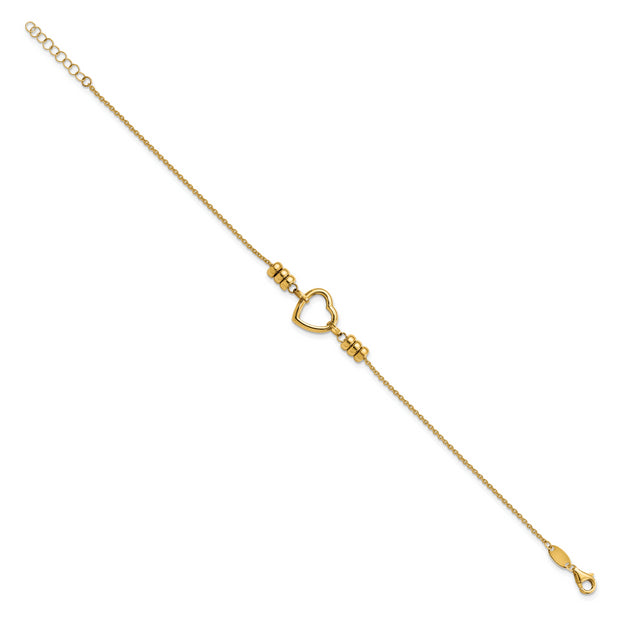 14K Polished Heart & Bead w/.75 in ext. Bracelet