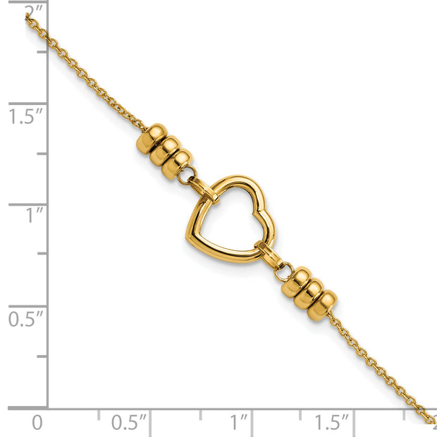 14K Polished Heart & Bead w/.75 in ext. Bracelet