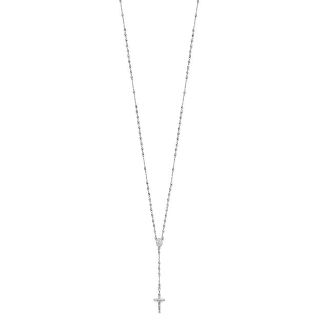 14K White Gold Polished Faceted Beads Rosary 18 inch Necklace