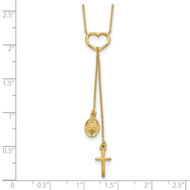 14K Polished Heart with Dangle Cross and Religious Medal Necklace